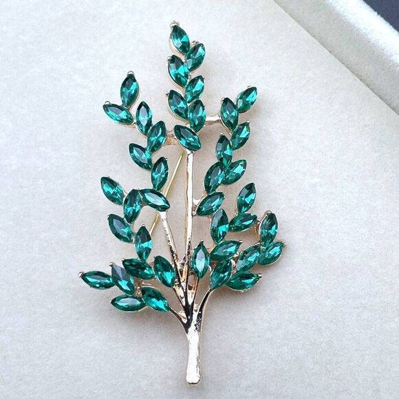Rose Gold with Emerald Green Crystal Tree Branch with Leaves Pin Back Brooch - Picture 3 of 9